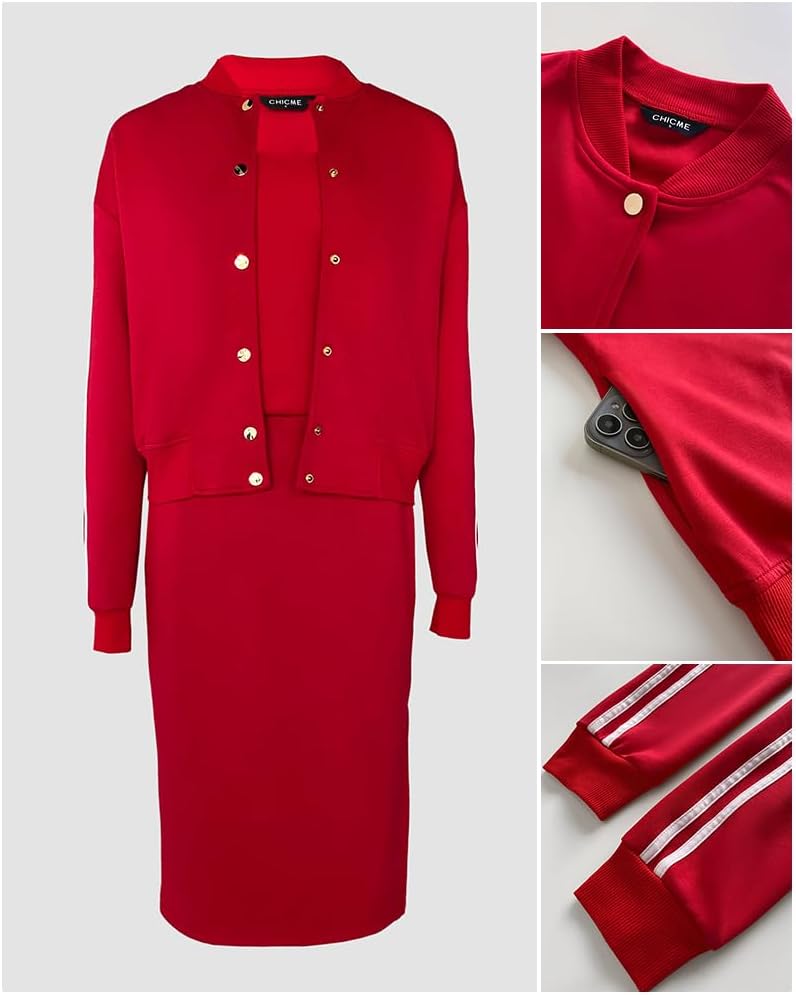 CHICME Women's Three Piece Outfits Striped Long Sleeve Bomber Jacket Midi Skirt Set Ribbed Knit Tank Tracksuit - Image 5