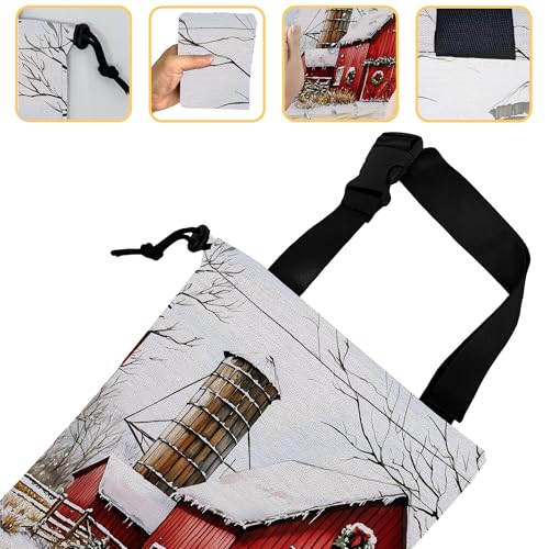 Image of Snowy Red Barn Car Trash Bag,Mistletoe Wreaths Strap Drawstring Car Garbage Bags,Car Back Seat Organizer with Adjustable Buckle for Car Accessories