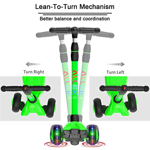 Image of Allek Kick Scooter B03, Lean 'N Glide 3-Wheeled Push Scooter with Extra Wide PU Light-Up Wheels, Any Height Adjustable Handlebar and Strong Thick Deck for Children from 3-12yrs (Lime Green)