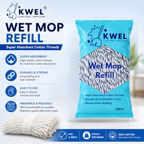 Image of KWEL Super Absorbent Cotton Wet Mop Refill 6 Inch (300 GM) Pack of 1(Blue & White) | Heavy Duty Floor Cleaning Mop Refill for Home, Office, Kitchen & Tiles