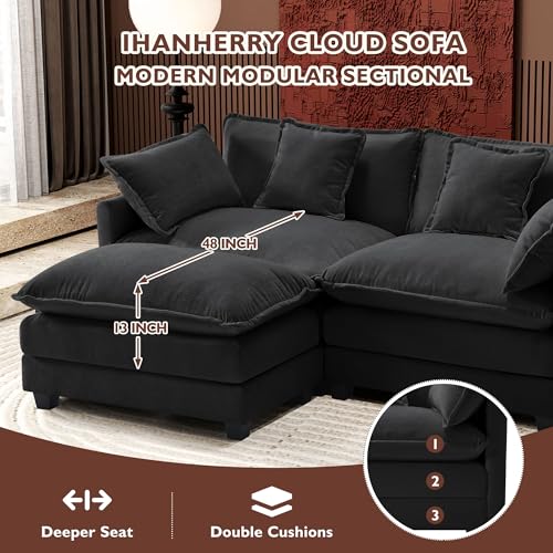 Image of Ihanherry 77 inch L Shaped Modern Sofa Modular Sectional Cloud Couch with Ottoman, 3-Seat Chenille Deep Seat Sofa with Pillow for Living Room, Bedroom and Apartment, Black