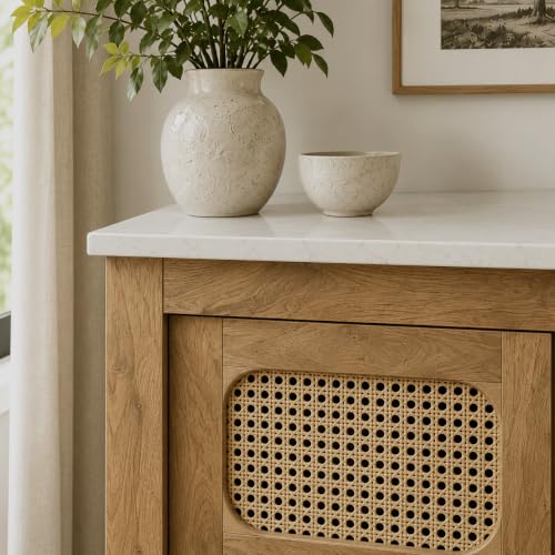Image of The Attic Crestwood Sliding Doors Kitchen Cabinet, Multipurpose Cabinet for Bedroom Living Room Study bar, Solid Wood Bookshelf Kitchen Cabinet, Light Teak Matte Finish Cane