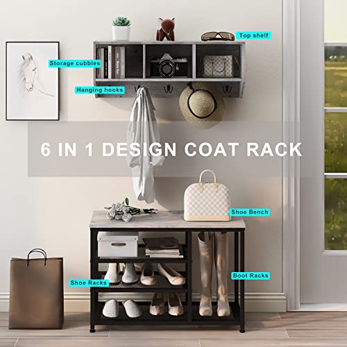 Espelism Coat Rack Shoe Bench Set Entryway Hall Tree With Bench Shoe Rack Wall Mounted Coat Rack 3 Storage Cubbies Display Shelf For Hallway Wooden And Metal Frame (Grey) #TOP2