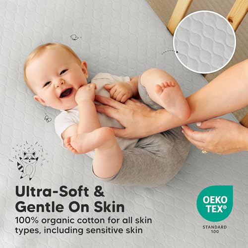 Image of 2-Pack Waterproof Crib Mattress Protector Cover Fitted - Quiet Baby Crib Mattress Pad Sheets, 52 inch x 28 inch Soft Quilted Cotton Baby Sheet, Machine Washable, Easy Fit, Durable (Pearl Gray /Mavy)