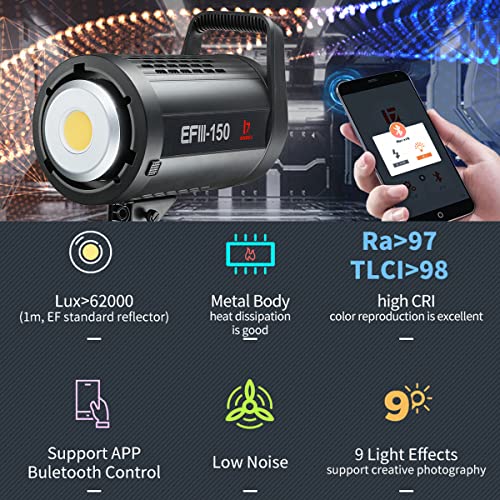 Jinbei Efiii 150W Continuous Light Led Videos Output Lighting 58000Lux @1M With Bowens Mount Reflector, 9 Pre-Programmed Lighting Effects, App/Wireless Remote Control, Cri97+ Tlci98+ #TOP4