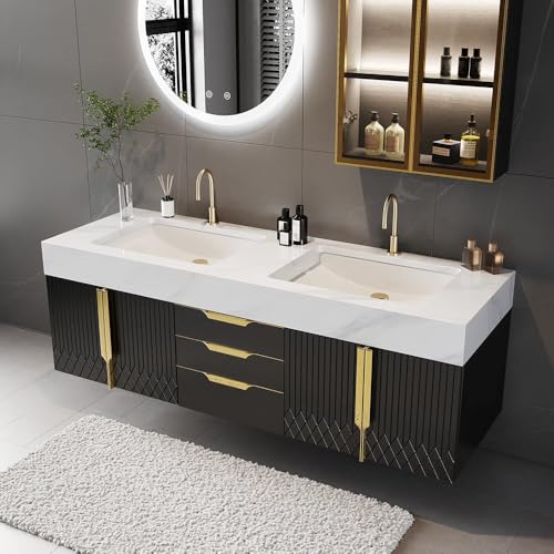 KunMai 59" Black Floating Bathroom Vanity with Faux Marble Top,