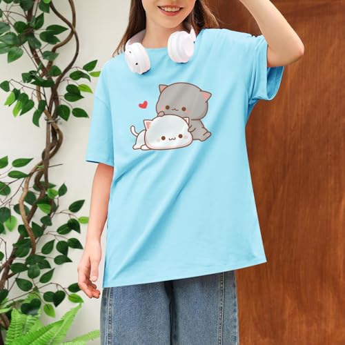 Image of KEEVICI Cute Cat Shirts for Girls Graphic Tees Kids Kawaii Cartoon Animal Print T Shirt Summer Cotton Short Sleeve Tops