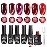 Beetles Red Cat Eye Gel Nail Polish Set - Sultry Burgundy Cat Eye Gel Polish, 6 Colors Christmas Gel Polish Kit Burgundy Dark Red Glitter Red Magnetic Soak Off UV Nail Art Manicure Gift for Women