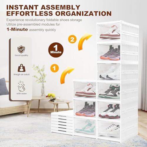 Image of RAYMOX 5 Tier Collapsible Shoe Rack with Door | Heavy Duty Plastic Sneaker Crates | Transparent Shoe Boxes | Sneaker Shoe Stand | Organiser for Heels, Boots, Loafers, Slippers