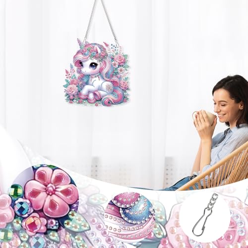 Image of AiYuanzsh Pink Unicorn Special Shape Diamond Painting Hanging Kit for Adults, 5D Crystal Rhinestone Diamond Art Ornament Fantasy Floral Design for Window Wall Home Decor