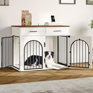 Hzuaneri Dog Crate Furniture with 2 Drawers, Large Wooden Dog Crate with Charging Station, Indoor Kennel End Side Table for Small Medium Large Dogs, Anti-Chew Anti-Escape, White Brown DFC87214B