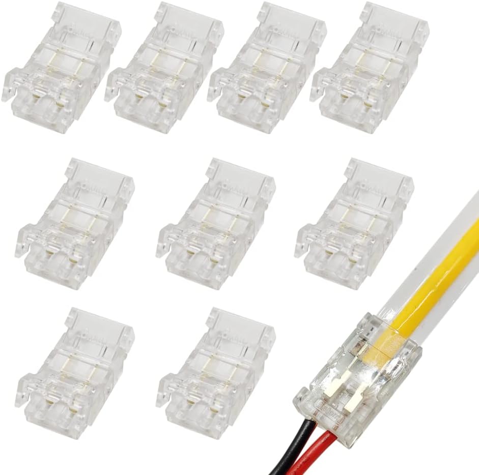 2-Pin 8mm LED Light Strip Connectors Unwired Clips DIY Strip to Wire Solderless Adapter Terminal Extension Connection for 12v 24v Single Color COB LED Strip Lights 12V 24V (Pack of 10)