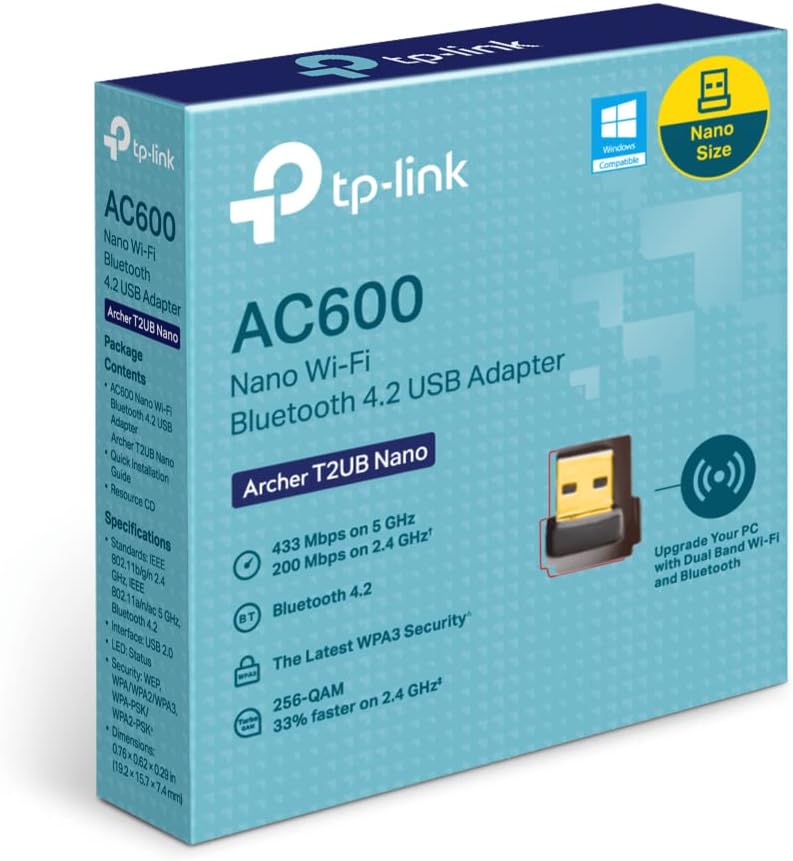 TP-Link Archer T2UB Nano AC600 Nano Wi-Fi Bluetooth 4.2 USB Adapter (2.4GHz 200Mbps, 5GHz 433Mbps, Nano Size, Support Win 11/10/8.1/8/7, WPA3 Encryption Standards, Bluetooth 4.2)