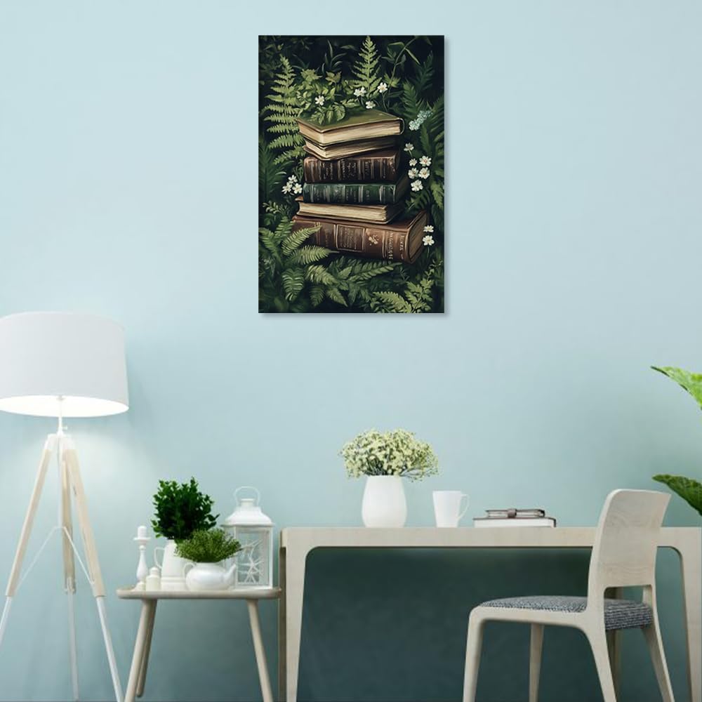 DFZEWKI Green Leaf Wall Art for Bedroom Vintage Books Wall Decor Canvas Art Pictures for Living Room Office Bathroom(50x75cm(20x30in)/No frame)