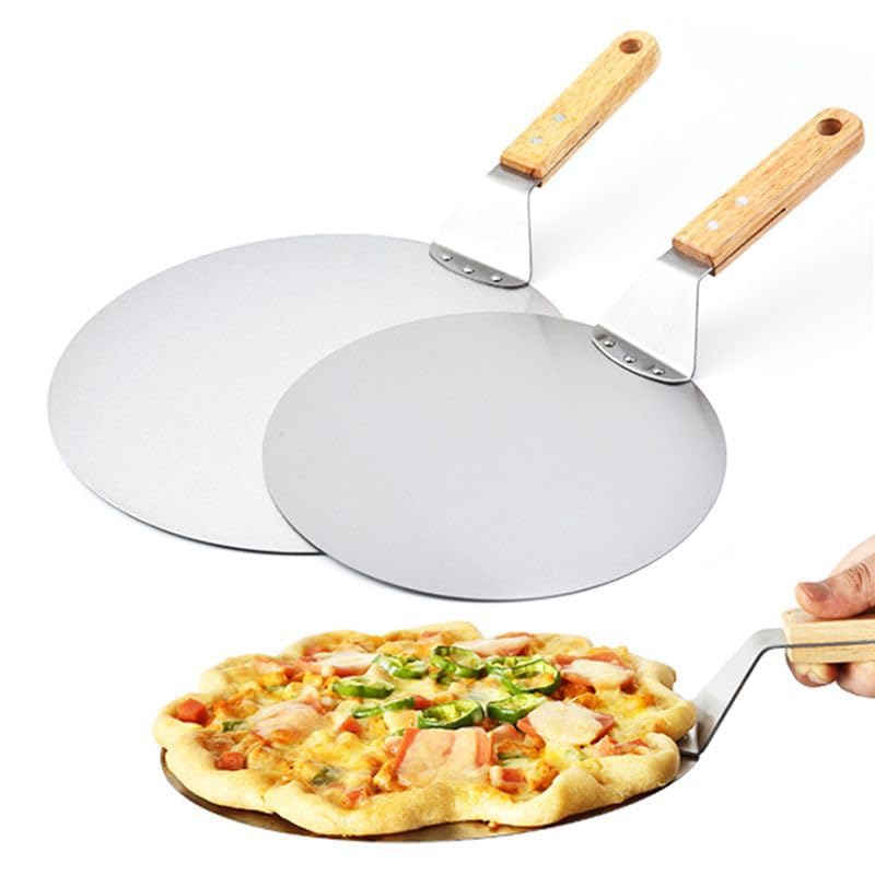 MRKU Pizzaschaufel, Teigschaber, Gebäckwerkzeug-Zubehör, runder Edelstahl-Antihaft-Spatel mit Eichenholzgriff