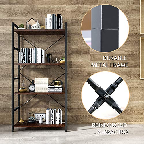 HATON 4-Tier Bookshelf, Simple Industrial Bookcase Standing Shelf Unit Storage Organizer with Wood Look Accent and Iron Frame for Home, Office, Study - Rustic Brown - Thumbnail 6