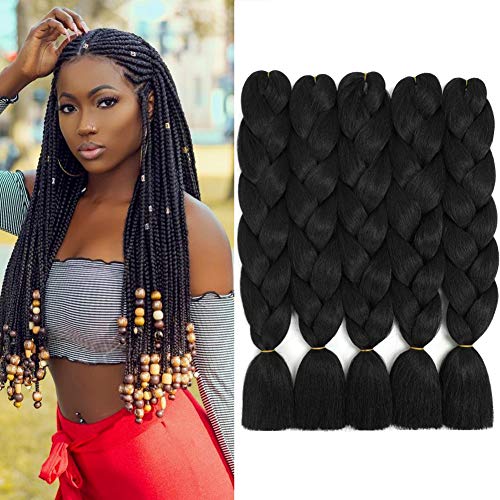 Black Braiding Hair jumbo Braiding Hair Synthetic Hair for Braiding Ombre Braiding Hair Extensions Black Braiding Hair Braid in Hair (24”,100g/pcs,5Pcs/Lot,Black 1#)