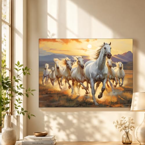 Image of PAINTINGMANTRA 7 White Running Horses Stretched Canvas Painting For Living Room, Vastu Abstract Stretched Canvas Wall Art Painting for Office & Home Decor, 16x22 Inch
