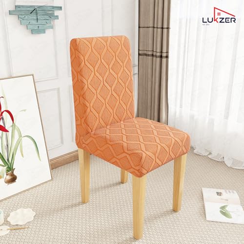 Image of Lukzer Elastic Dining Chair Cover - 6PC Pastel Orange Diamond | Textured High Stretch Jacquard Seat Cover | Removable Washable Short Dining Chair Cover Protector Seat Slipcover | (CC-155-06)