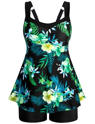 HUAKARY Plus Size Bathing Suit for Women 2 Piece Adjustable Wide Straps Conservative Tummy Control Two Piece Swimming Suits 18W Black Green Floral