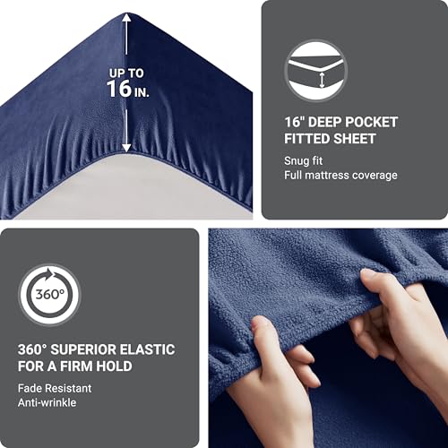 Image of True North by Sleep Philosophy Micro Fleece Bed Sheet Set, Warm, Sheets with 14 inch Deep Pocket, for Cold Season Cozy Sheet-Set, Matching Pillow Case, Cal King, Navy, 4 Piece