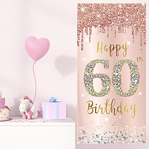 Image of 60th Birthday Door Banner Decorations for Women, Pink Rose Gold Happy 60th Birthday Door Cover Backdrop Party Supplies, Large Sixty Year Old Birthday Poster Sign Decor