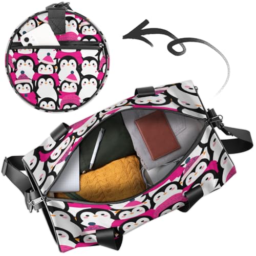 Penguin In Pink Sports Duffel Bag with Shoulder Strap, Large Capacity Gym Bag with Shoe Compartment, Water Resistant Travel Duffle Bag for Men Women Travel, Sports (17.6x9x9 Inch)4