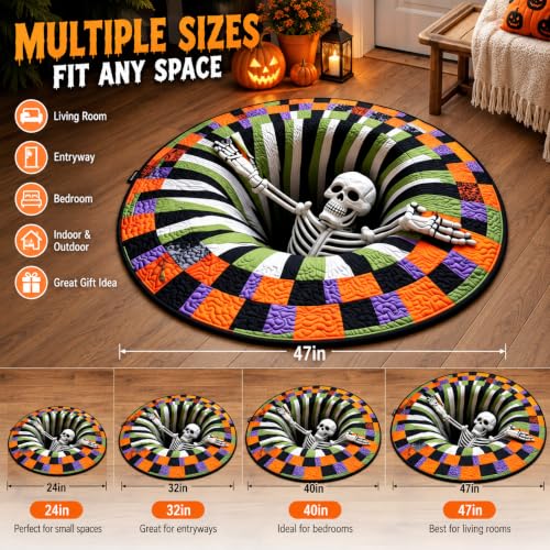 Halloween 3D Illusion Rug, Round Creepy Skeleton Vortex Floor Mat, Non-Slip Optical Illusion Area Rug for Living Room, Bedroom, Haunted House, Halloween Party Decor - image 2