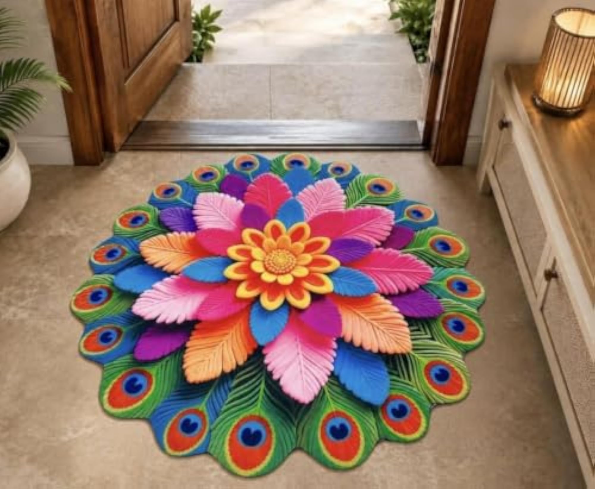 3D Rangoli Flower Floor Mat, Vibrant Home Decor