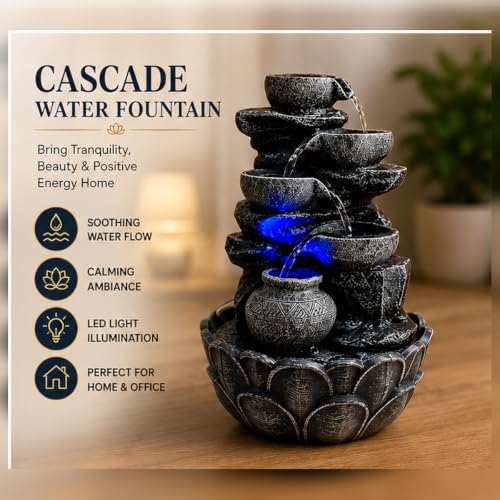 Image of ALiLa 15 Inch Tabletop Rock Waterfall Fountain with LED Lights | Indoor Outdoor Water Fountain for Home, Office, Living Room, Garden, Balcony & Patio Decor (38 cm)
