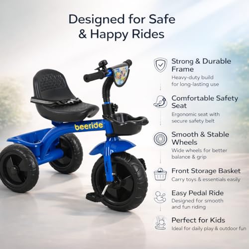 Image of Smart & Safe Kids Tricycle with EVA Wheels, Storage Basket & Seat Belt | Kiddo 3-Wheel Tricycle Cycle for Toddlers Age 3-5 Years | Red Baby Tricycle for Boys & Girls (Blue)
