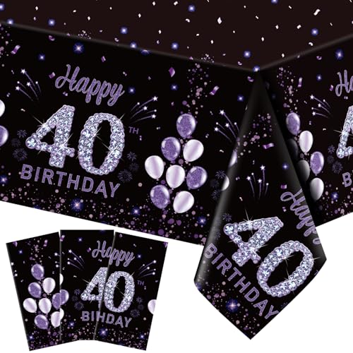 Image of Ganeen 3 Pack 40th Birthday Tablecloth Purple Black Happy 40th Birthday Decorations Disposable Plastic Rectangular Table Cover for Party Supplies Women Men, 108 x 54 Inch