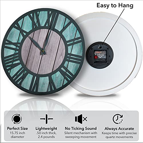 Royal Sparrow Designs Large Modern Farmhouse Wall Clock-Metal & Wood, Turquoise And Grey, Silent Battery Operated Clock For Kitchen & Living Room Decor (20 Inches) #TOP4