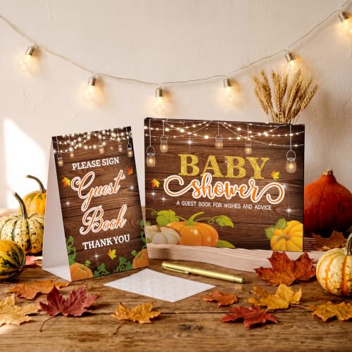 Image of Fuyoooo 27 Pcs Rustic Little Pumpkin Baby Shower Guest Book Baby Shower Sign in Guest Book Reception with Sonogram Page Keepsake Includes Gold Pen Table Card and Adhesive Photo Corner for Birthday