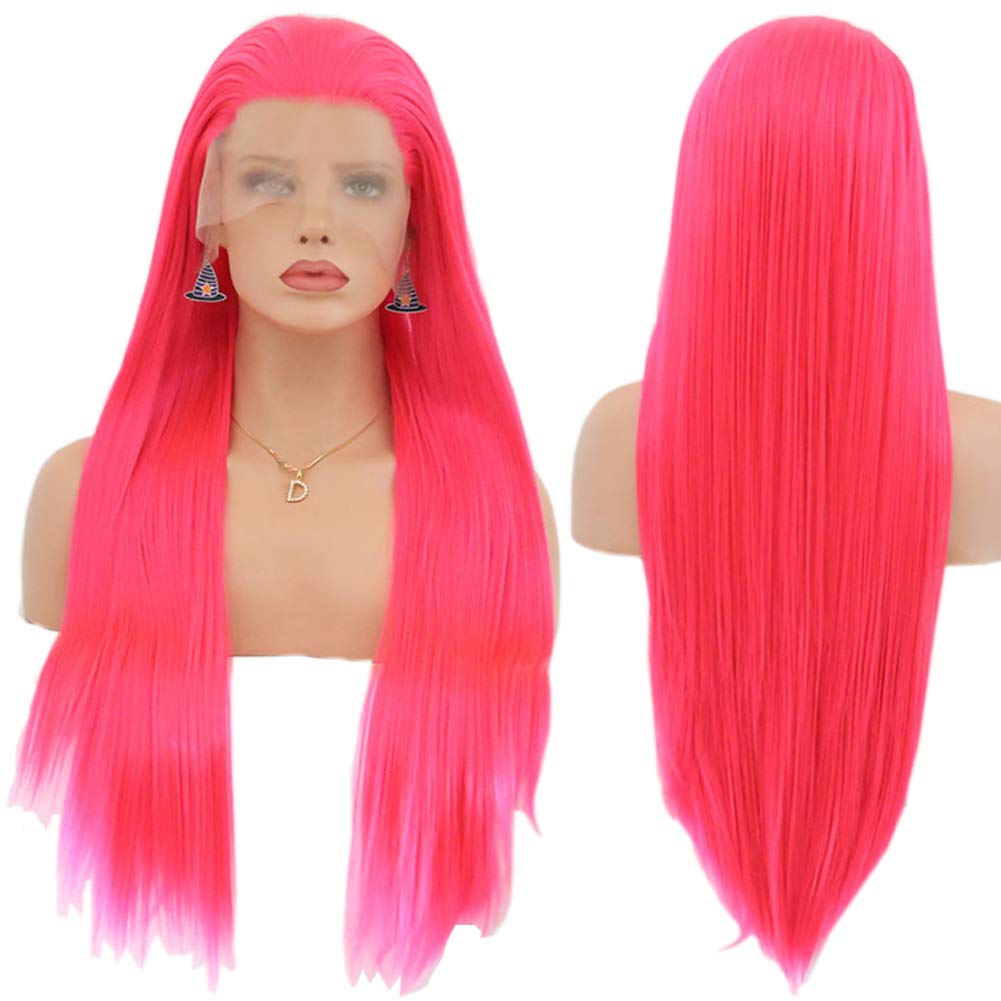 Magenta Pink Wigs for Women Long Straight Synthetic Hair Lace Front Wig Heat Resistant Fiber 26 inch (ST-025 hot pink)