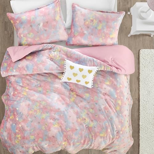 Image of Intelligent Design Queen Comforter Set, 4 Piece Metallic Hearts Bedroom Set for Girls, Queen Bed Set Soft Plush Comforter, Rosalie All Season Fluffy Bedding Set, Full /Queen, Pink Multi /Gold 4 Piece