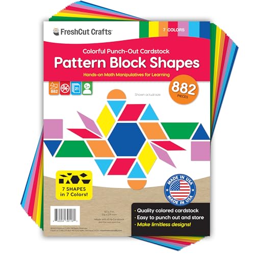 882 Pcs Pattern Block Shapes Math Manipulatives for Learning Multicolor Triangles Squares Hexagons and more Easy-Punch Paper Shape Cutouts in 7 Bright Colors US Made Card Stock