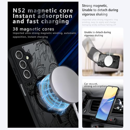 Oxytter Magnetic Case for Samsung Galaxy A15 [Compatible with MagSafe] Black Flower Floral Case for Women Girls Soft TPU Bumper Hard PC Back Anti-Fall Shockproof Protective Slim Cover A5 - image 3