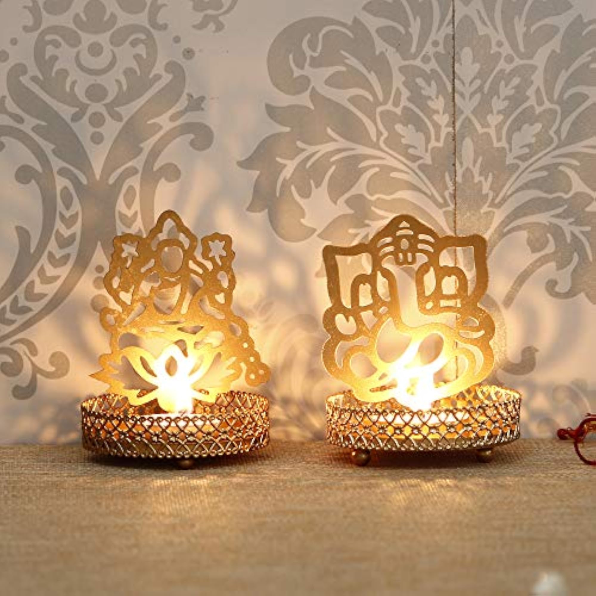 Set of 2 Metal Lord Ganesha and Goddess Lakshmi Shadow Tea Light Holders
