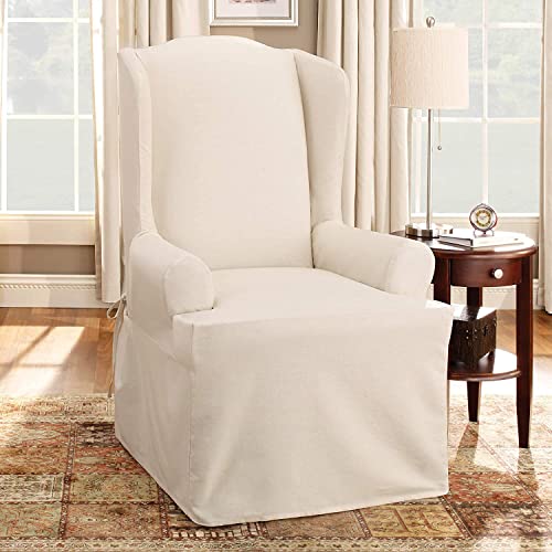 Sure Fit Home Décor Cotton Duck Solid T-Cushion Wing Chair One Piece Slipcover, Relaxed Woven Fit, 100% Cotton, Machine Washable, Natural Color #TOP1