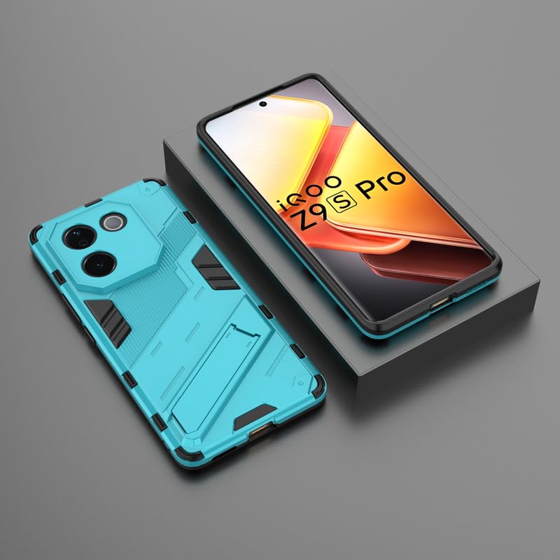 Image of Rugged Hard Back Case Cover for Vivo T3 Pro - Military-Grade Armor with Screen & Camera Guard, Dual-Layer Shockproof Design, Raised Edges, and Built-in Kickstand - Cyan Blue