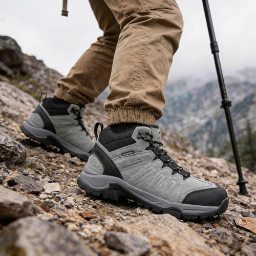 Image of Men's Waterproof Hiking Boots Lightweight Leather Mid Ankle Outdoor Trail Trekking shoes