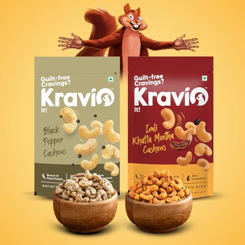 Image of Kravio Premium Black Pepper & Imli Khatta Meetha Roasted Cashew Nuts (2 X 200g) | Zero Cholesterol Natural Jumbo Size Whole Kaju Nuts & Dry Fruits | Rich in Protein, Crunchy Delicious Healthy Snacks
