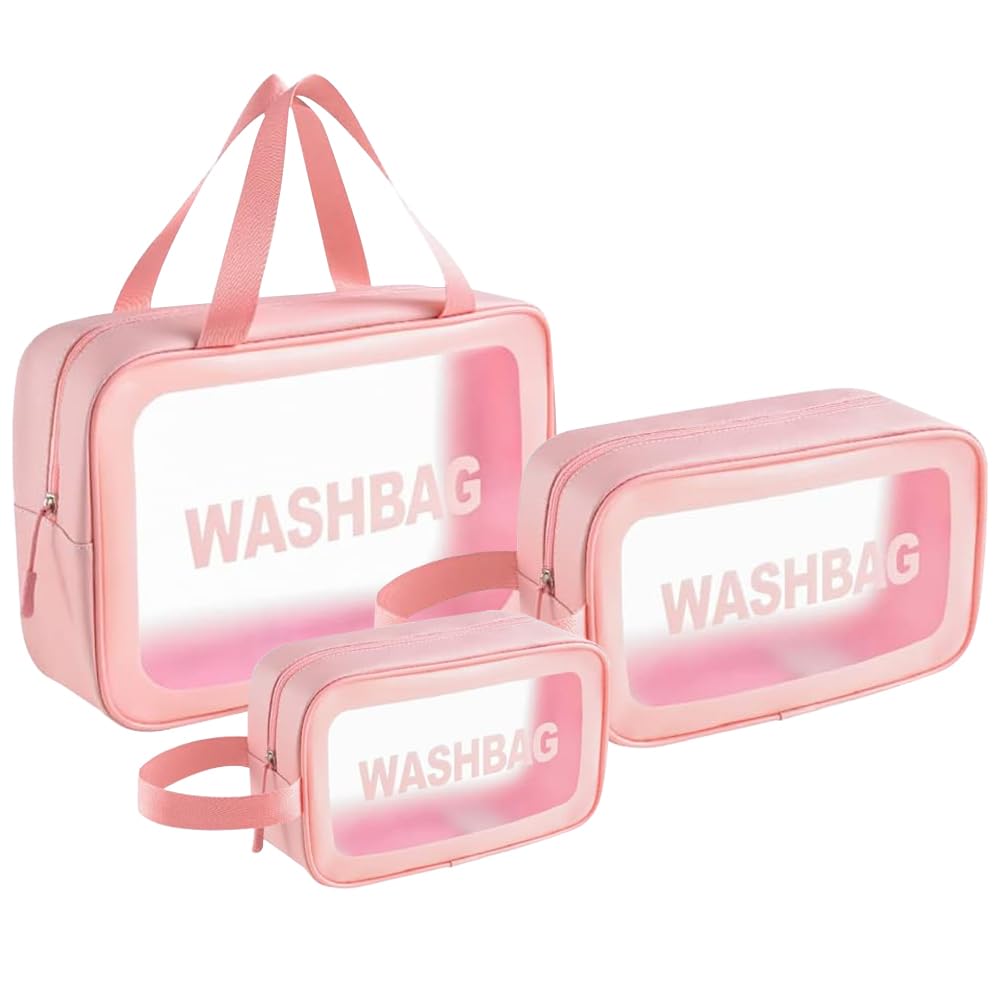 Beauty case trasparente, 3 pezzi, con maniglia per il trasporto