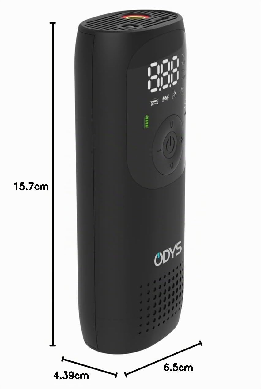 ODYS FlexPump akkubetriebener tragbarer elektrischer Luftkompressor Luftpumpe für Auto, Motorrad, Scooter, Fahrrad, Bälle (0-10Bar/0-150PSI, 2000mAh, Aufladung per USB-C, digitale Anzeige, LED Licht)