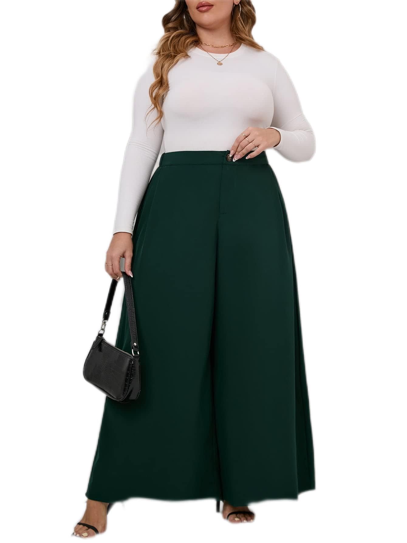 AntaQuyaN Plus Size Pants Women Plus High Waist Button Detail Wide Leg Pants Plus Size Pants Women Color
