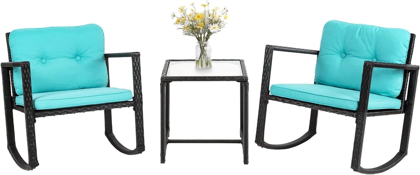 A Set of Three Wooden Rocking Chairs (with Cushions) and A Glass Table, for Use in The Garden and Balcony.
