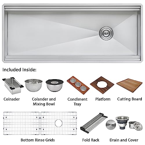 Image of Ruvati 69-inch Undermount Workstation Kitchen Sink - 16 Gauge Stainless Steel Single Bowl with Two-Tiered Ledges & Accessories - RVH8666
