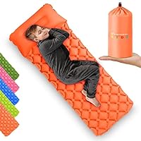 High Stream Gear Kids Sleeping Pad for Camping and Sleepovers with Pillow Inflatable Camping Mattress for Backpacking & Travel, Thick Toddler Cot Mat, Fast Inflating Mat (Orange)