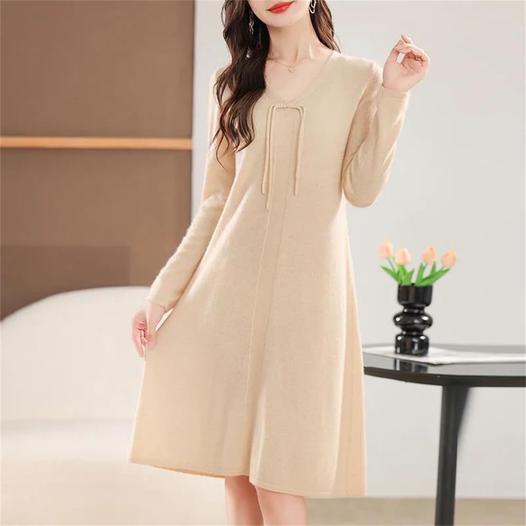 Abito da donna in maglia di lana merino, con scollo a V, con bottoni, a maniche lunghe, caldo, per autunno e inverno, rosso, L